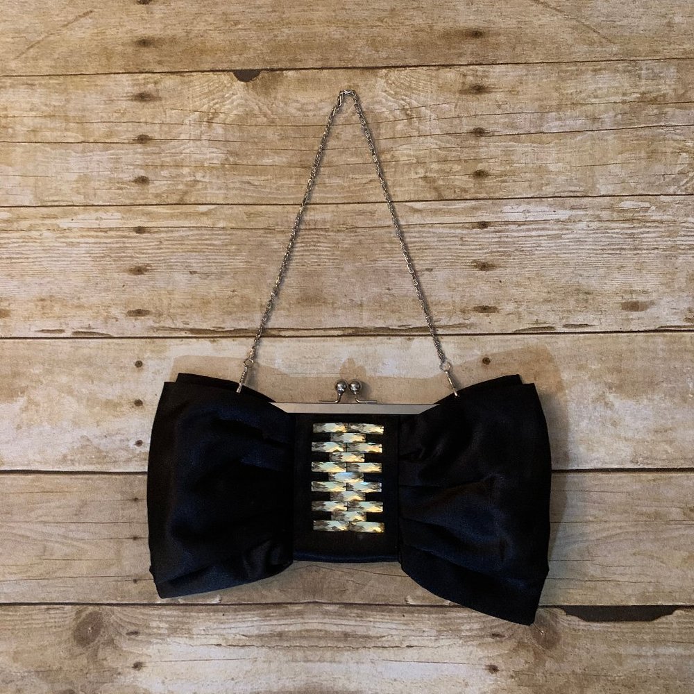 Black bowtie rhinestone evening bag